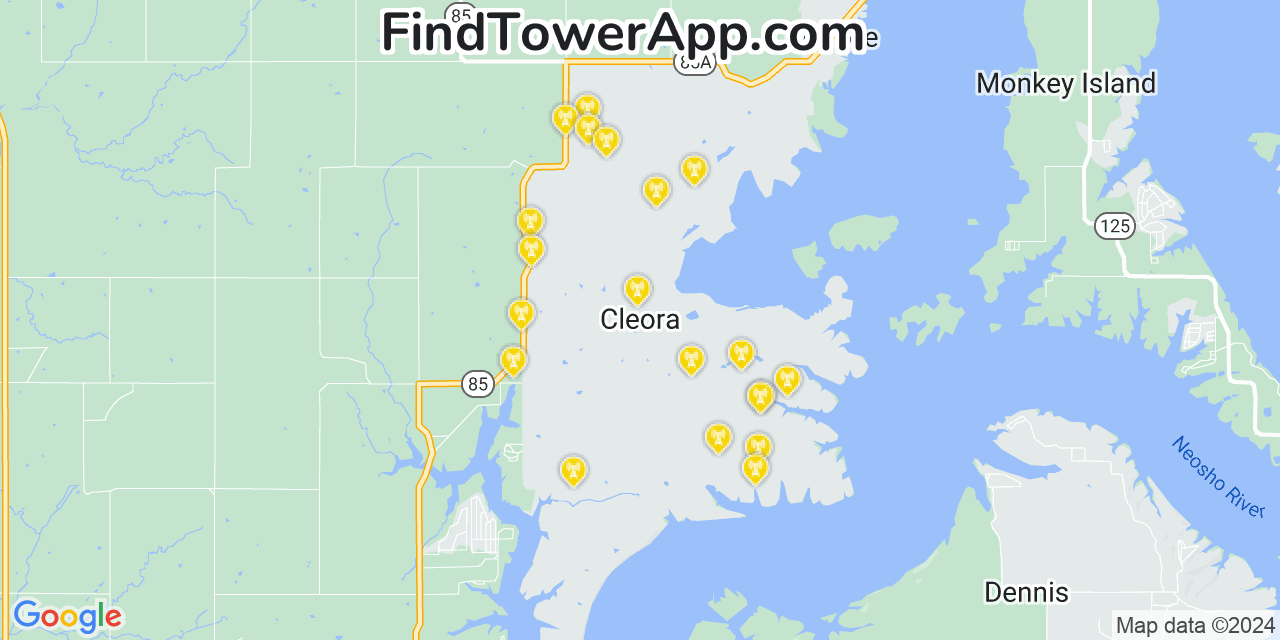 AT&T 4G/5G cell tower coverage map Cleora, Oklahoma