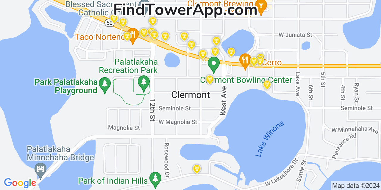 AT&T 4G/5G cell tower coverage map Clermont, Florida