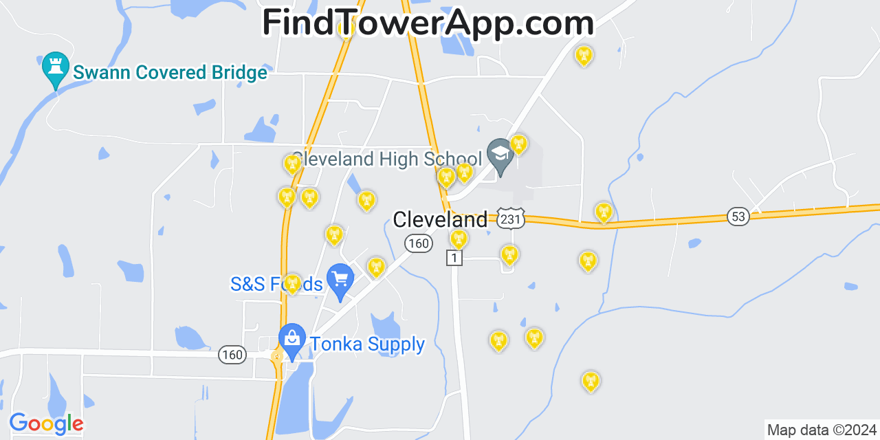 AT&T 4G/5G cell tower coverage map Cleveland, Alabama
