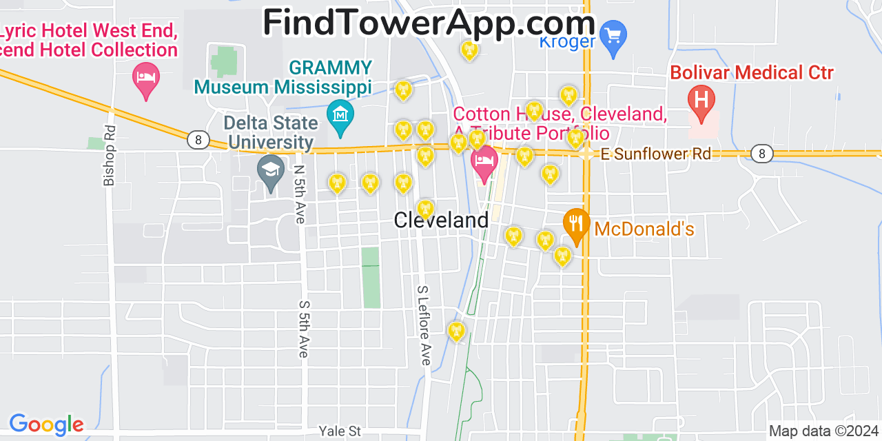 AT&T 4G/5G cell tower coverage map Cleveland, Mississippi