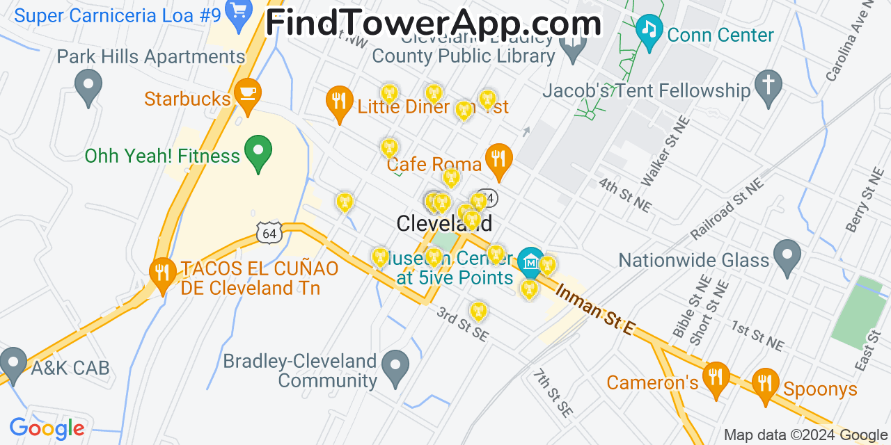 AT&T 4G/5G cell tower coverage map Cleveland, Tennessee