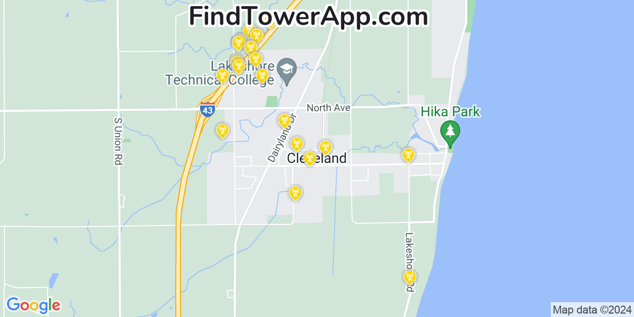 AT&T 4G/5G cell tower coverage map Cleveland, Wisconsin
