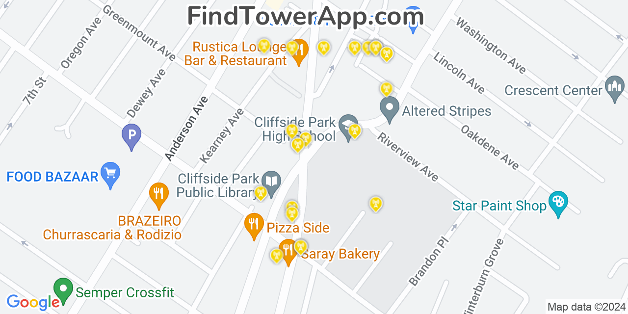 AT&T 4G/5G cell tower coverage map Cliffside Park, New Jersey