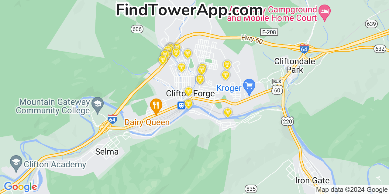 AT&T 4G/5G cell tower coverage map Clifton Forge, Virginia
