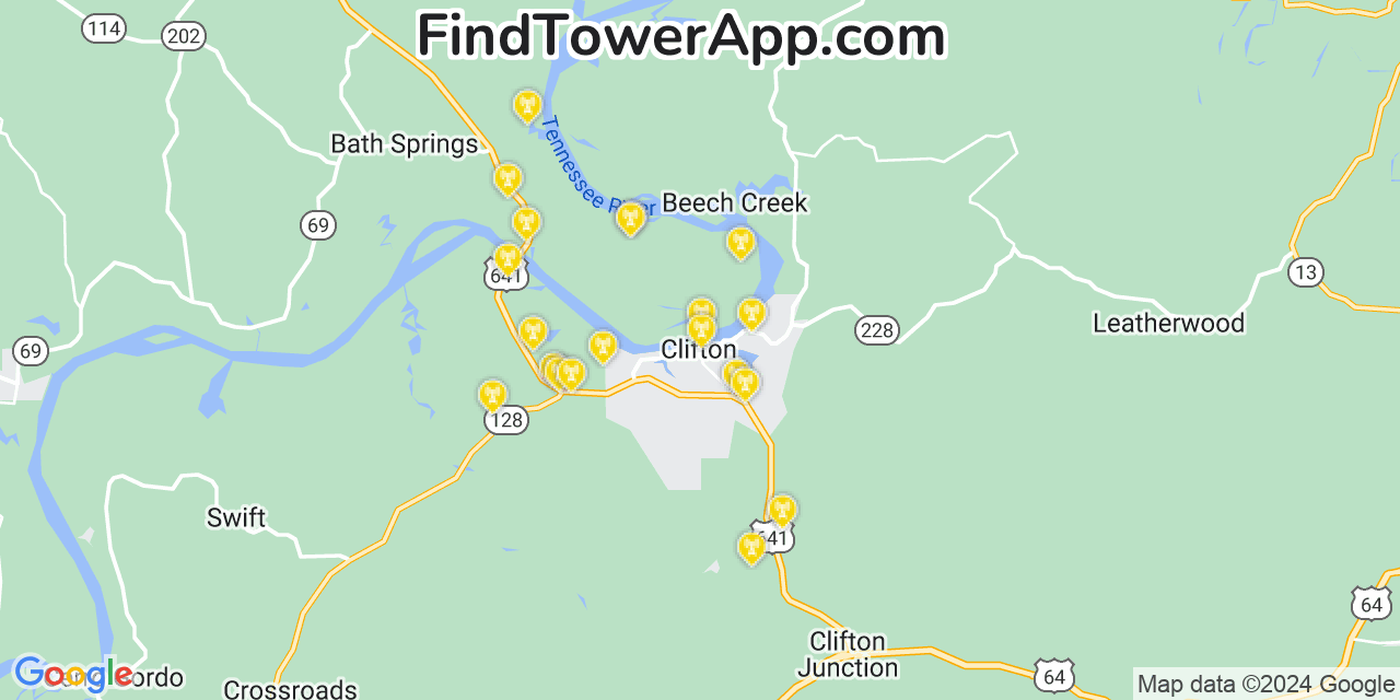 AT&T 4G/5G cell tower coverage map Clifton, Tennessee