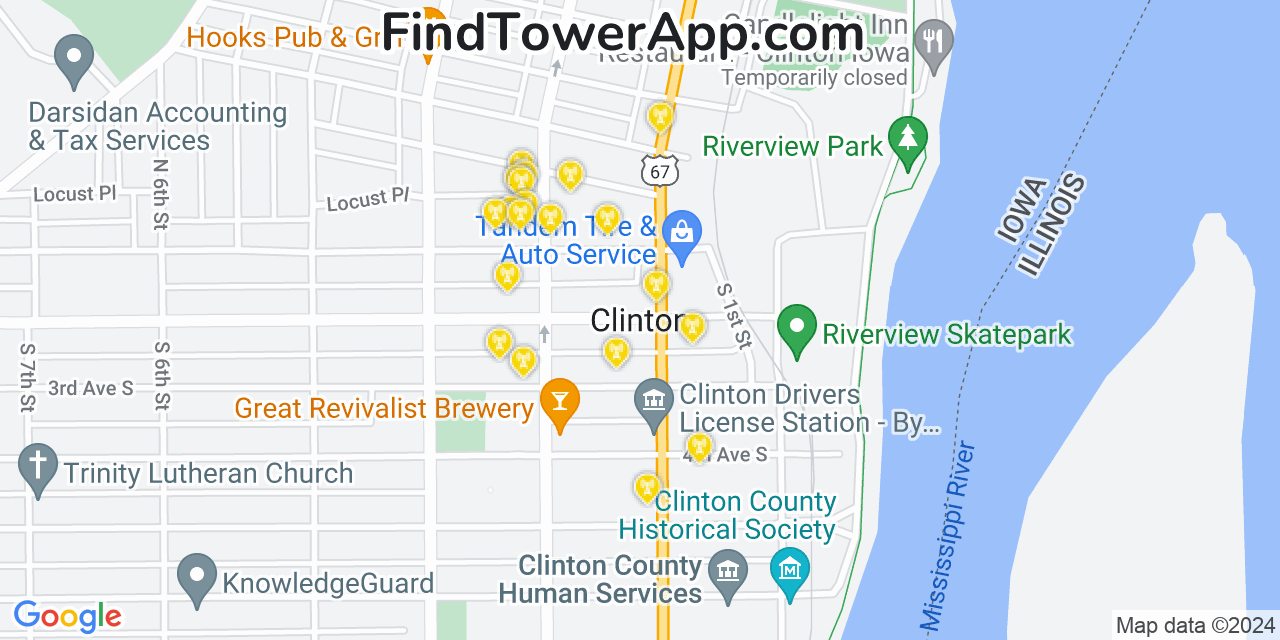 Verizon 4G/5G cell tower coverage map Clinton, Iowa