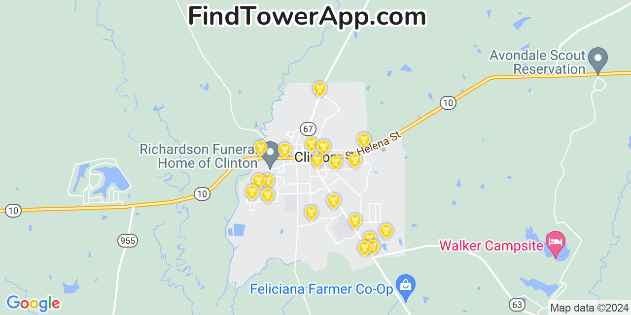 AT&T 4G/5G cell tower coverage map Clinton, Louisiana