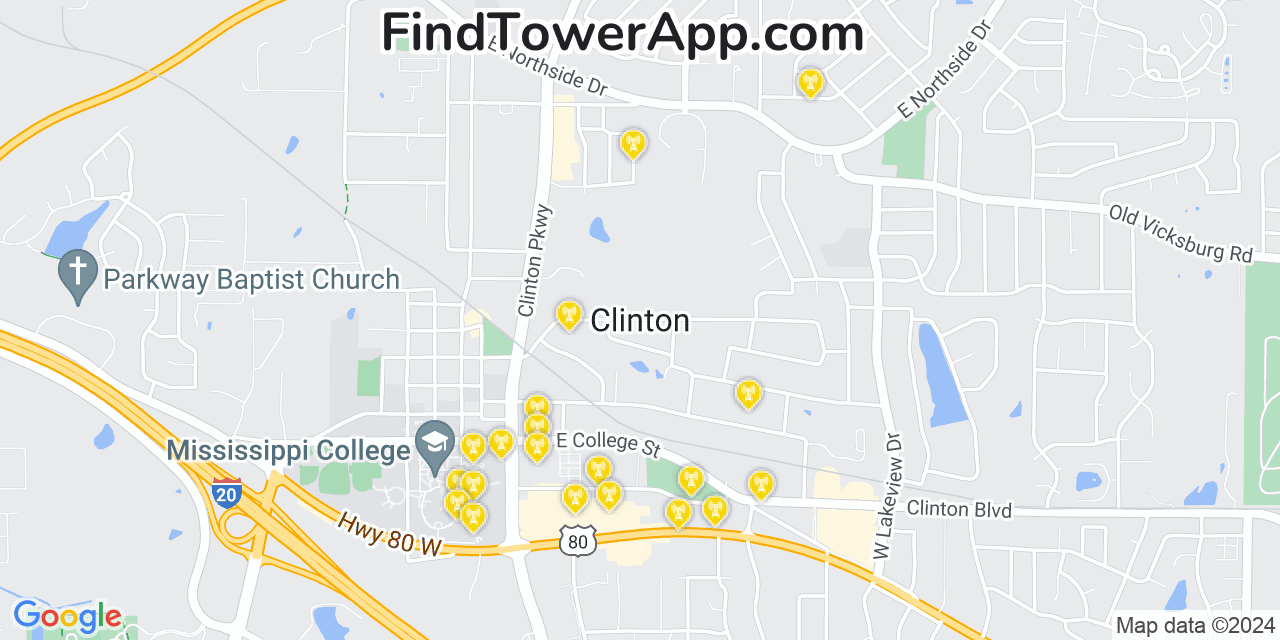 AT&T 4G/5G cell tower coverage map Clinton, Mississippi