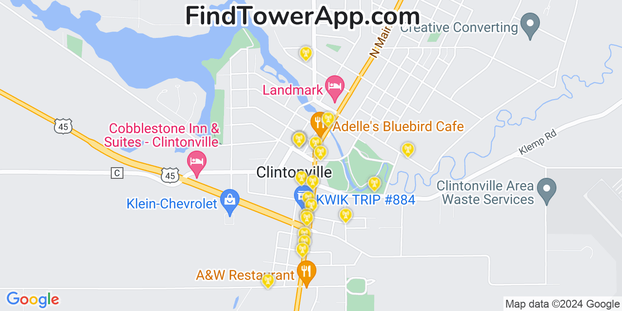 AT&T 4G/5G cell tower coverage map Clintonville, Wisconsin