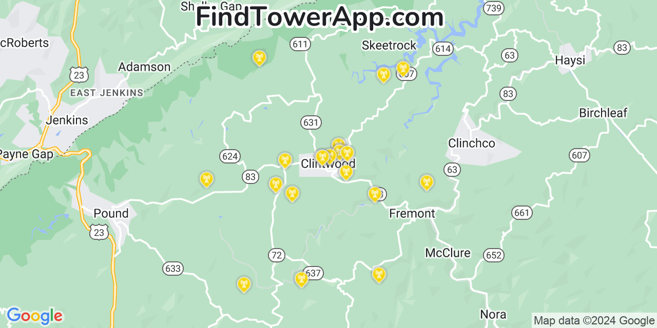 AT&T 4G/5G cell tower coverage map Clintwood, Virginia