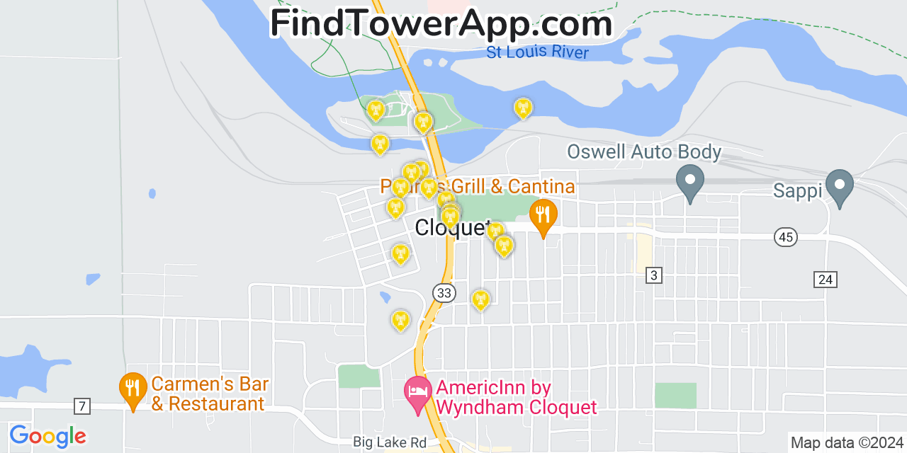 AT&T 4G/5G cell tower coverage map Cloquet, Minnesota