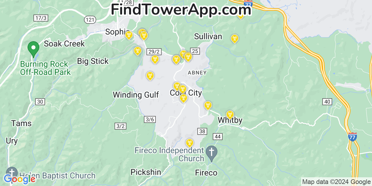 AT&T 4G/5G cell tower coverage map Coal City, West Virginia