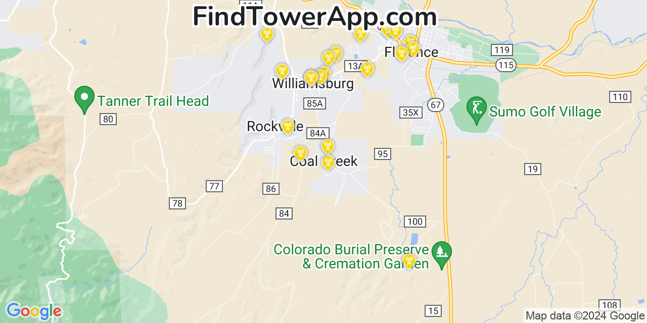 AT&T 4G/5G cell tower coverage map Coal Creek, Colorado