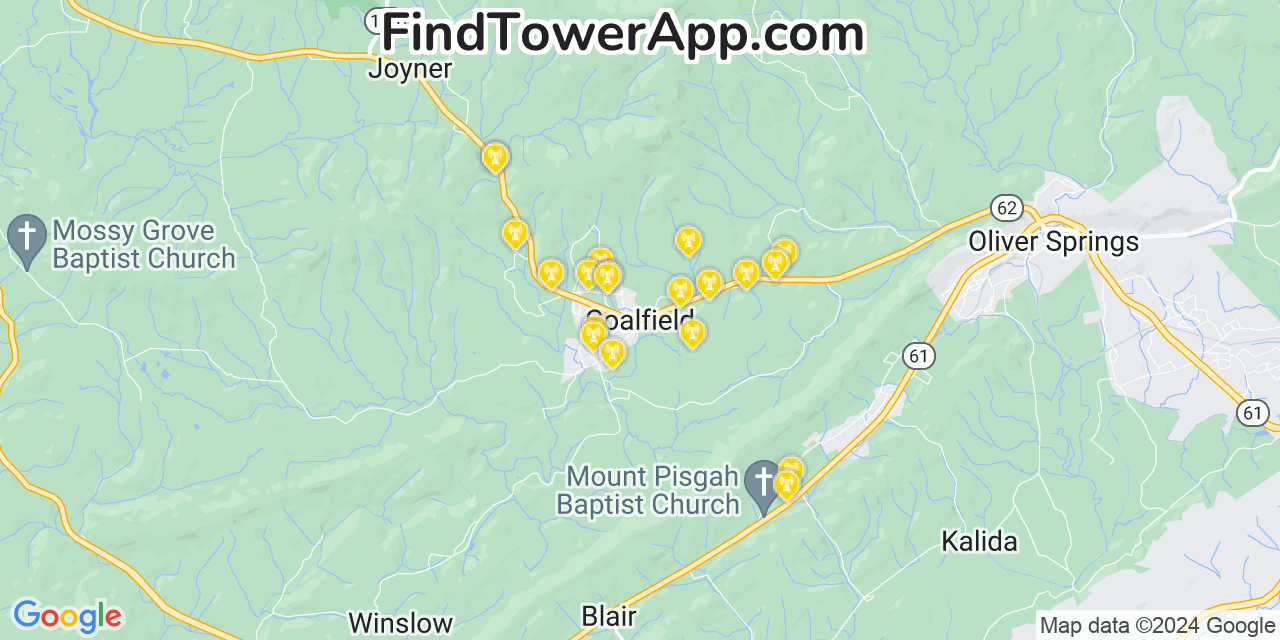 AT&T 4G/5G cell tower coverage map Coalfield, Tennessee