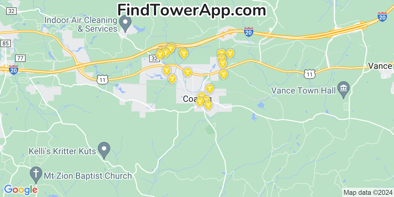 AT&T 4G/5G cell tower coverage map Coaling, Alabama