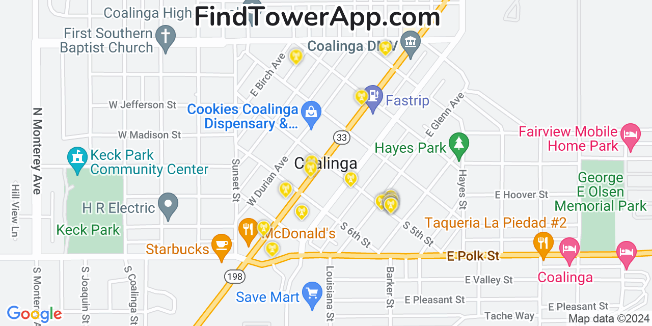 AT&T 4G/5G cell tower coverage map Coalinga, California