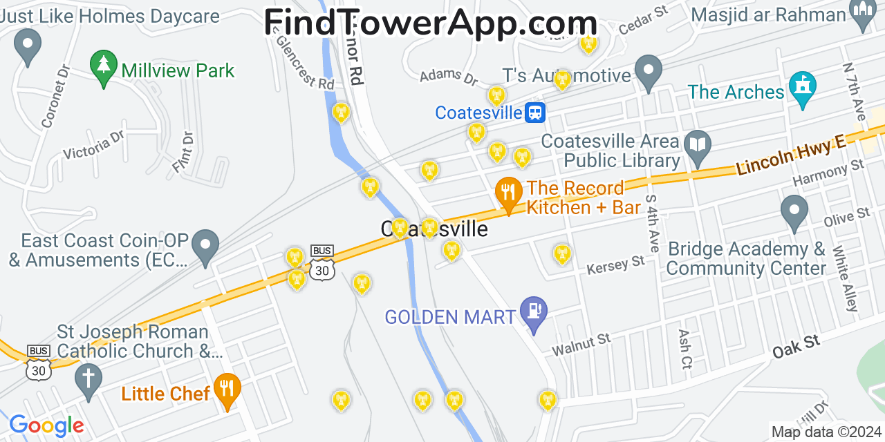 AT&T 4G/5G cell tower coverage map Coatesville, Pennsylvania
