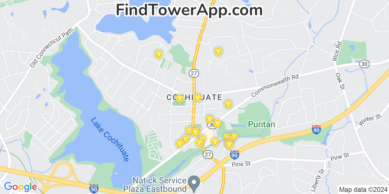 AT&T 4G/5G cell tower coverage map Cochituate, Massachusetts