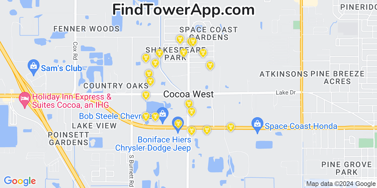 AT&T 4G/5G cell tower coverage map Cocoa West, Florida