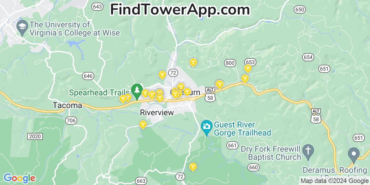 AT&T 4G/5G cell tower coverage map Coeburn, Virginia