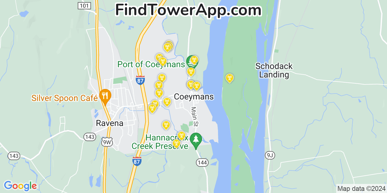 AT&T 4G/5G cell tower coverage map Coeymans, New York