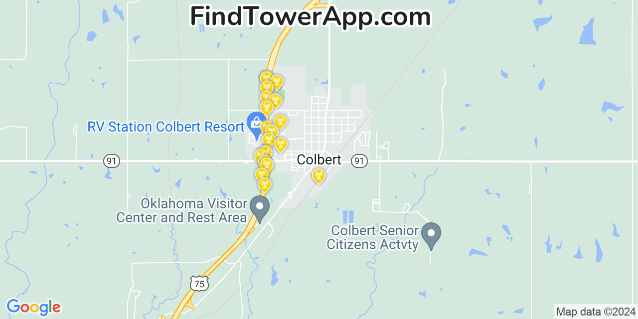 AT&T 4G/5G cell tower coverage map Colbert, Oklahoma