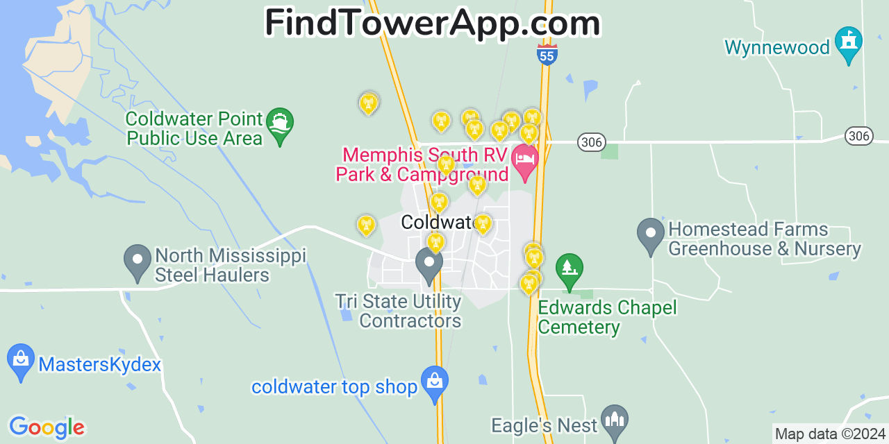 AT&T 4G/5G cell tower coverage map Coldwater, Mississippi