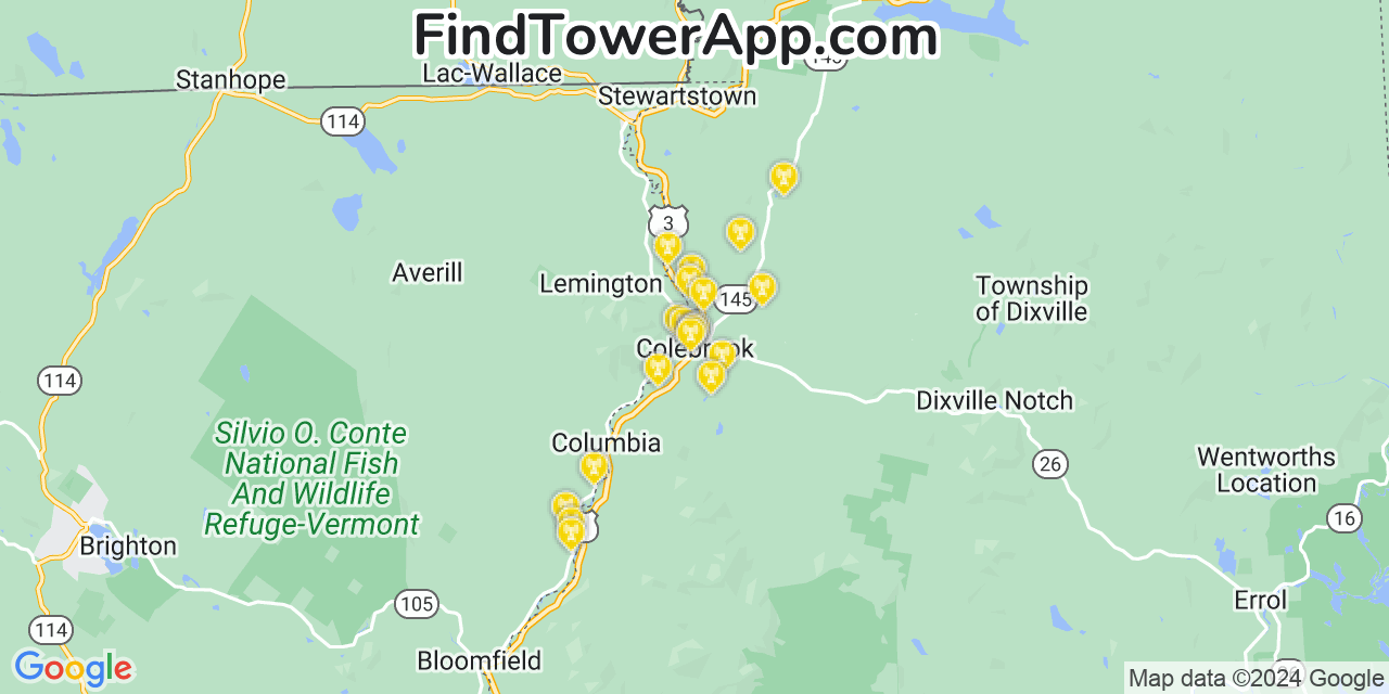 AT&T 4G/5G cell tower coverage map Colebrook, New Hampshire