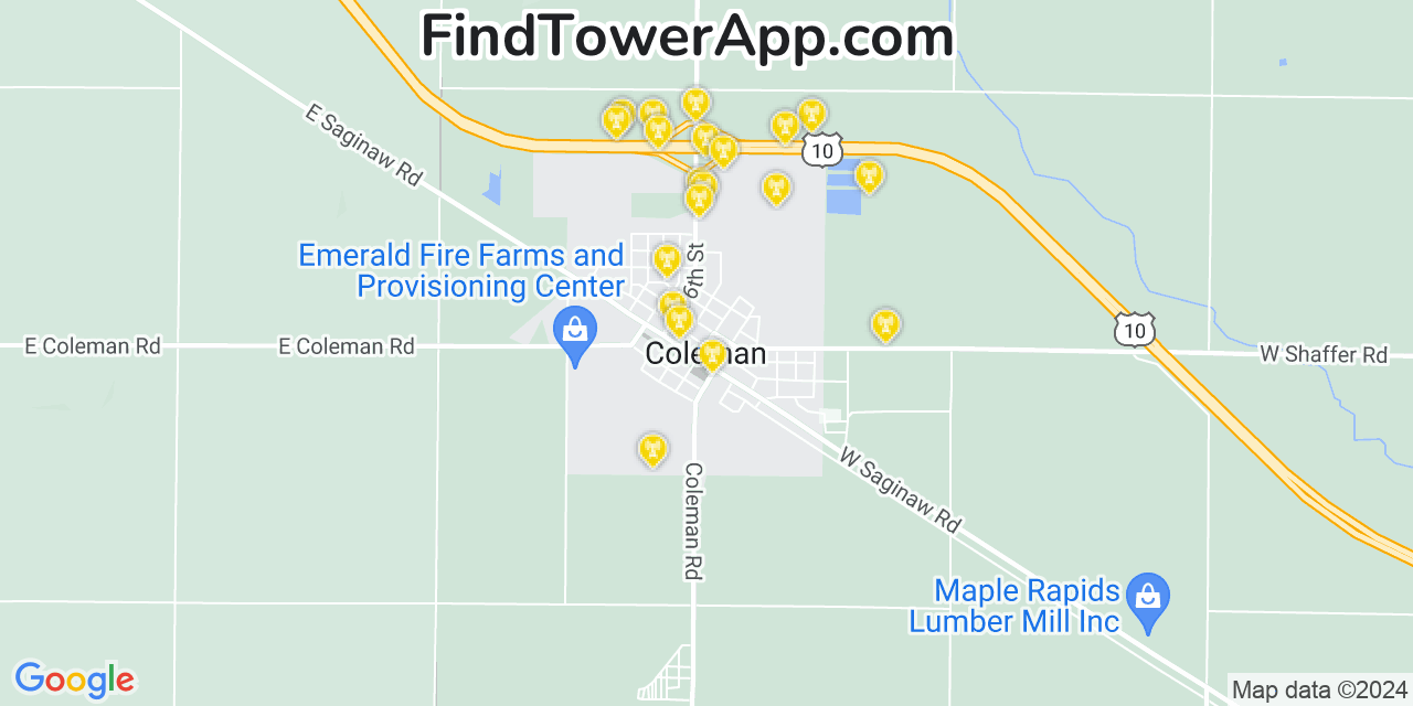 AT&T 4G/5G cell tower coverage map Coleman, Michigan