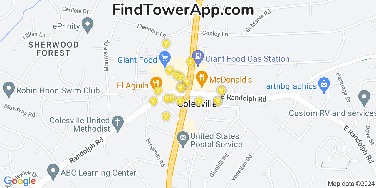 AT&T 4G/5G cell tower coverage map Colesville, Maryland