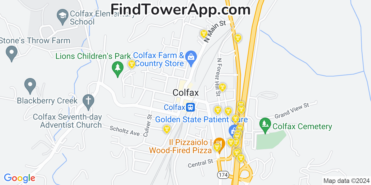 AT&T 4G/5G cell tower coverage map Colfax, California