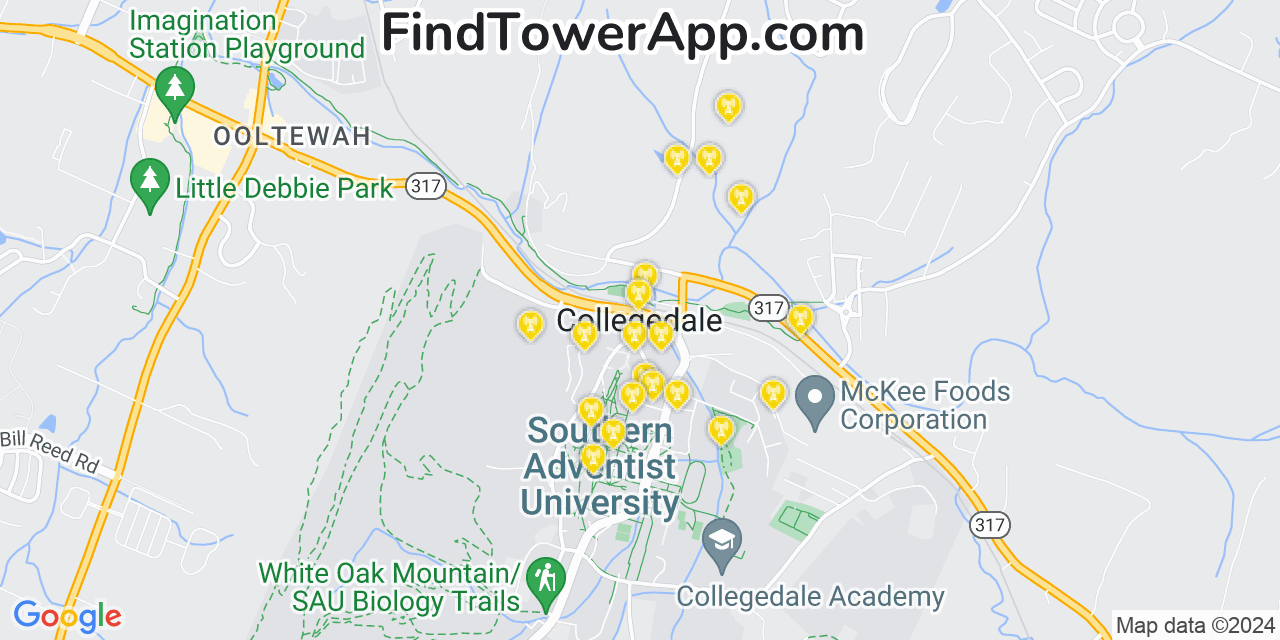 AT&T 4G/5G cell tower coverage map Collegedale, Tennessee