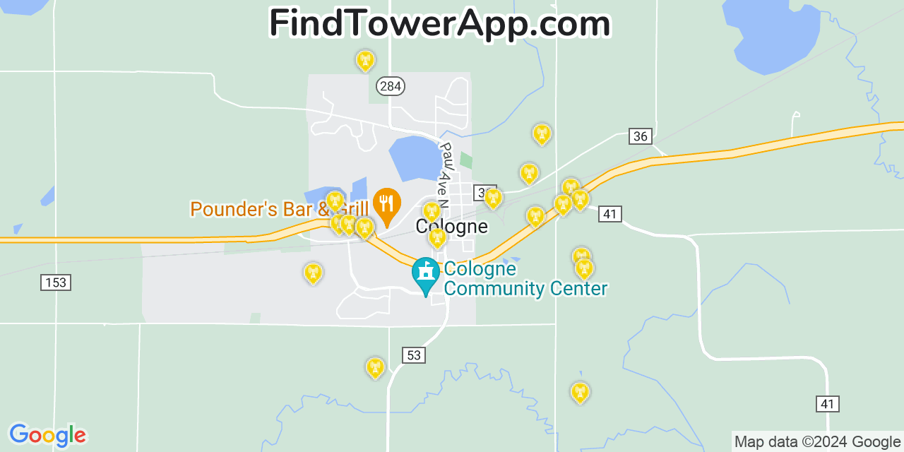 AT&T 4G/5G cell tower coverage map Cologne, Minnesota