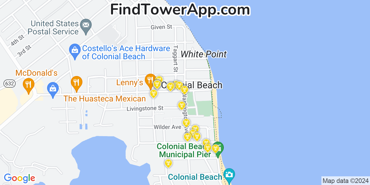 AT&T 4G/5G cell tower coverage map Colonial Beach, Virginia