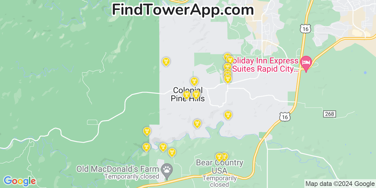 AT&T 4G/5G cell tower coverage map Colonial Pine Hills, South Dakota