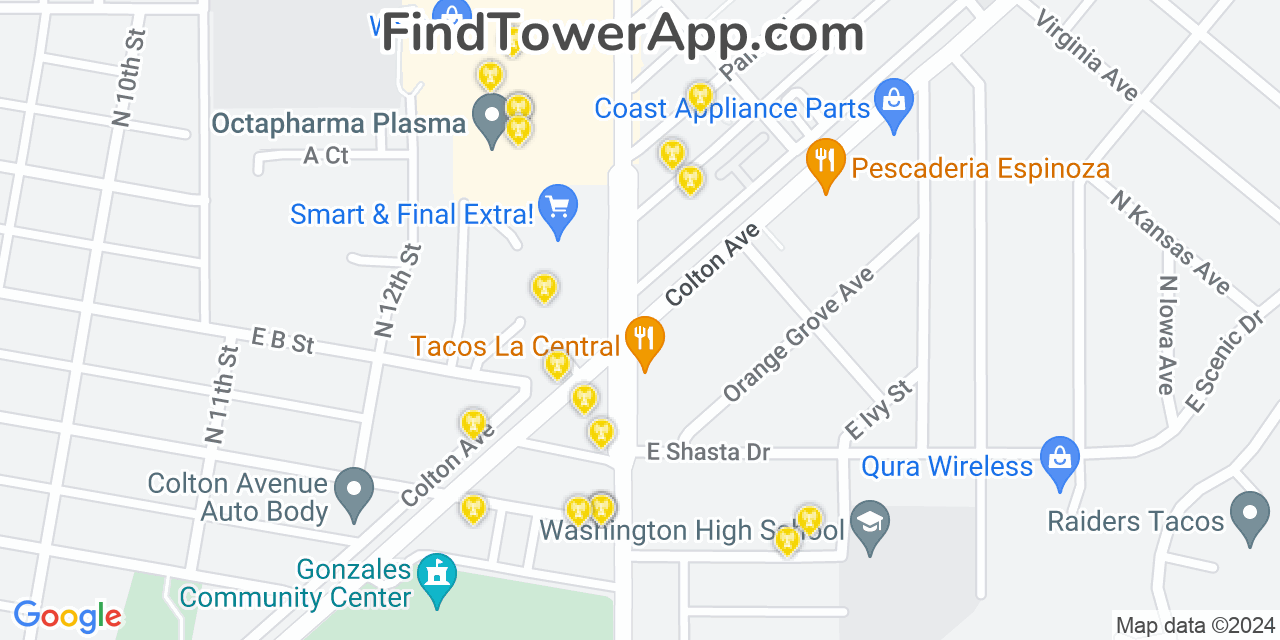 AT&T 4G/5G cell tower coverage map Colton, California