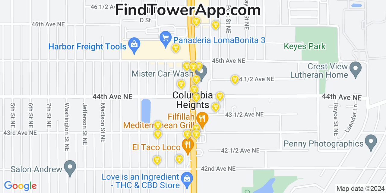 AT&T 4G/5G cell tower coverage map Columbia Heights, Minnesota