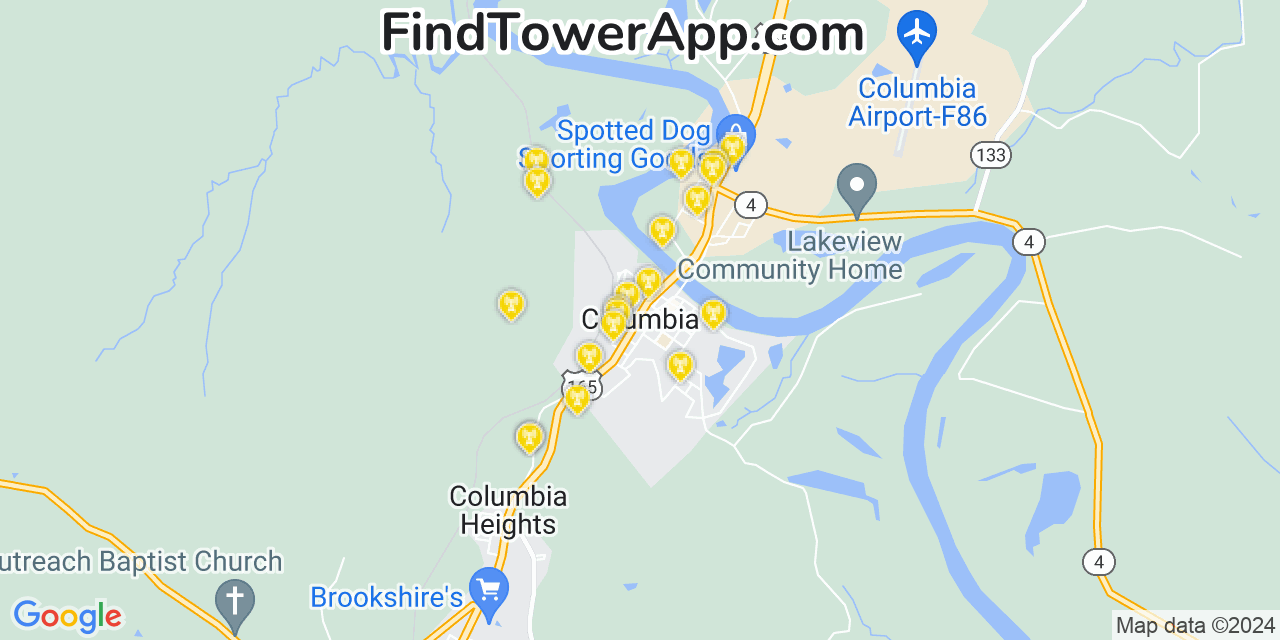 AT&T 4G/5G cell tower coverage map Columbia, Louisiana