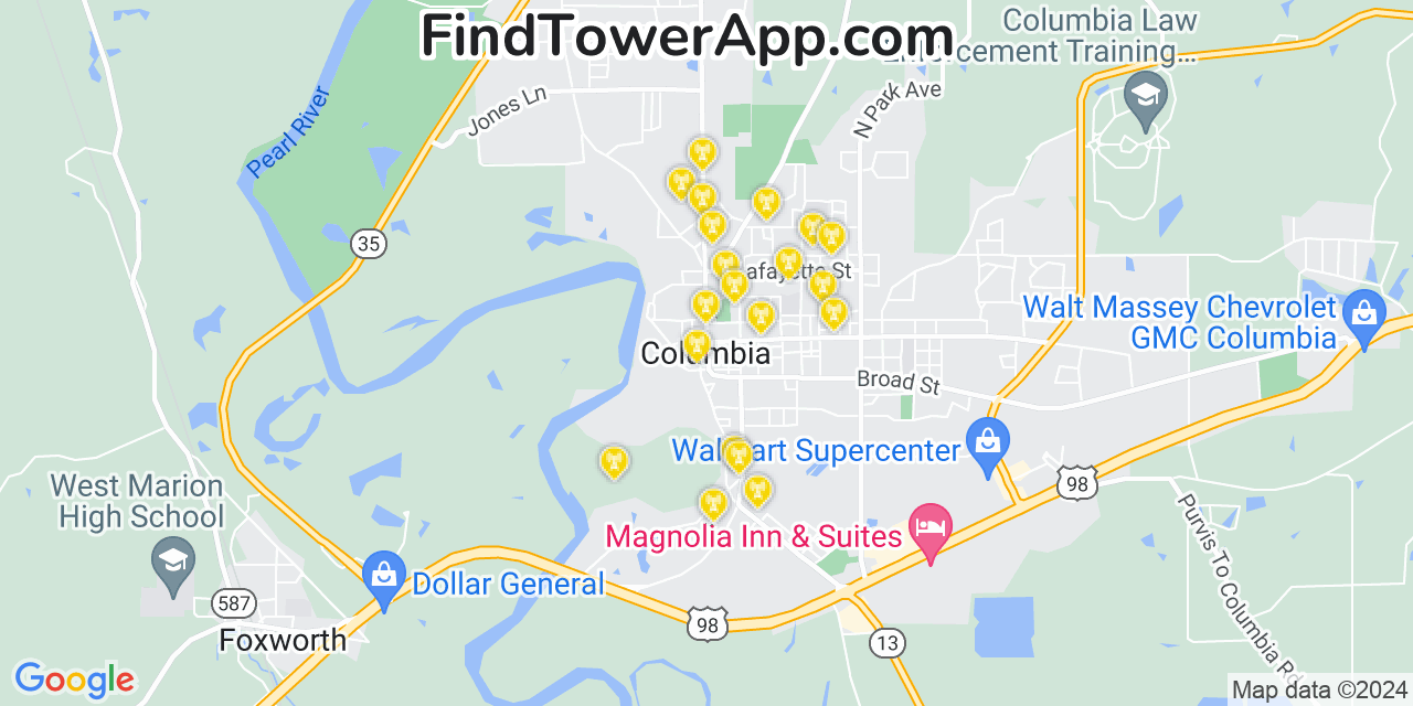 T-Mobile 4G/5G cell tower coverage map Columbia, Mississippi