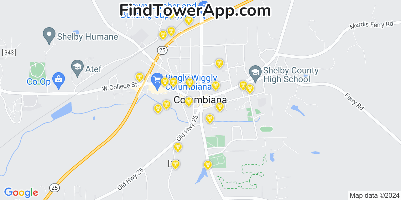AT&T 4G/5G cell tower coverage map Columbiana, Alabama
