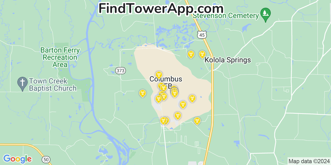 T-Mobile 4G/5G cell tower coverage map Columbus Air Force Base, Mississippi