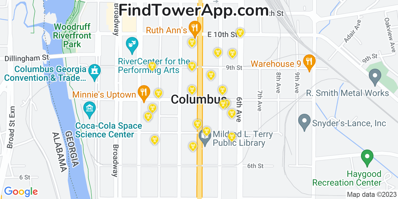 AT&T 4G/5G cell tower coverage map Columbus, Georgia