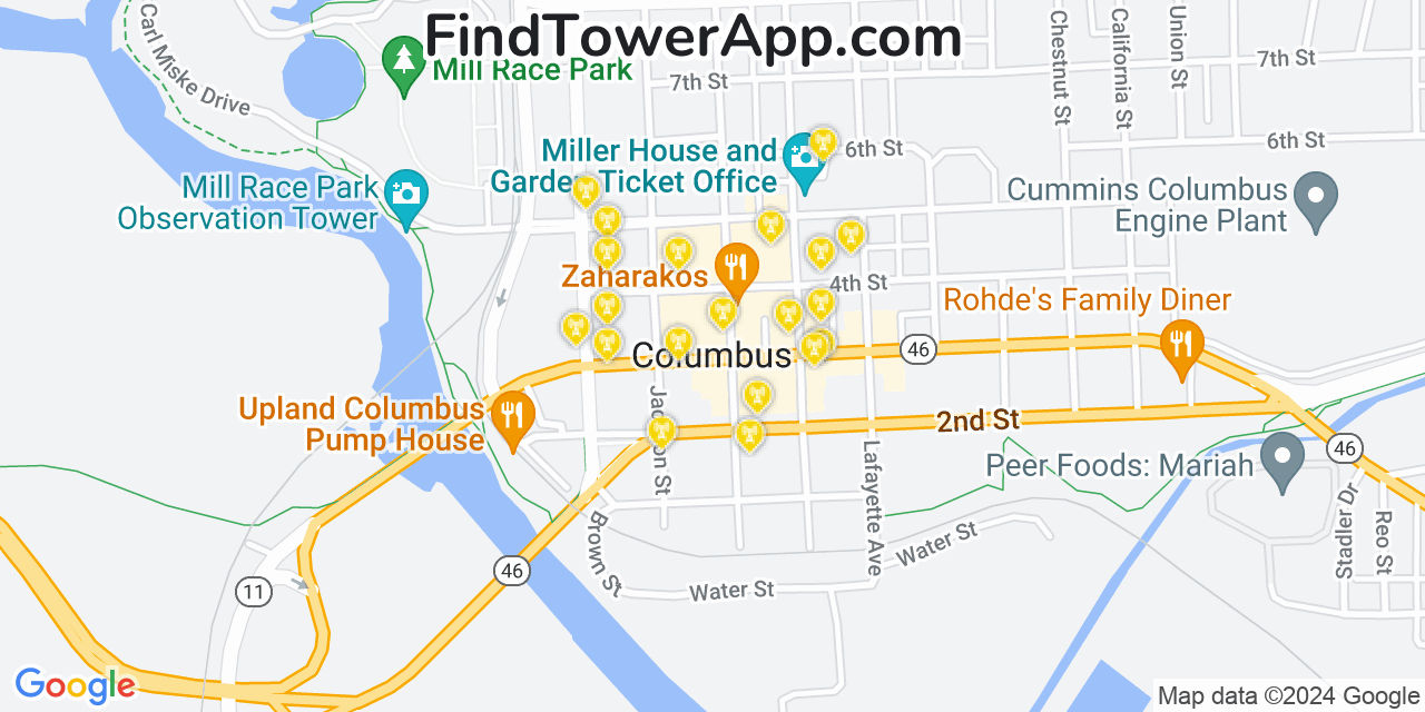 AT&T 4G/5G cell tower coverage map Columbus, Indiana