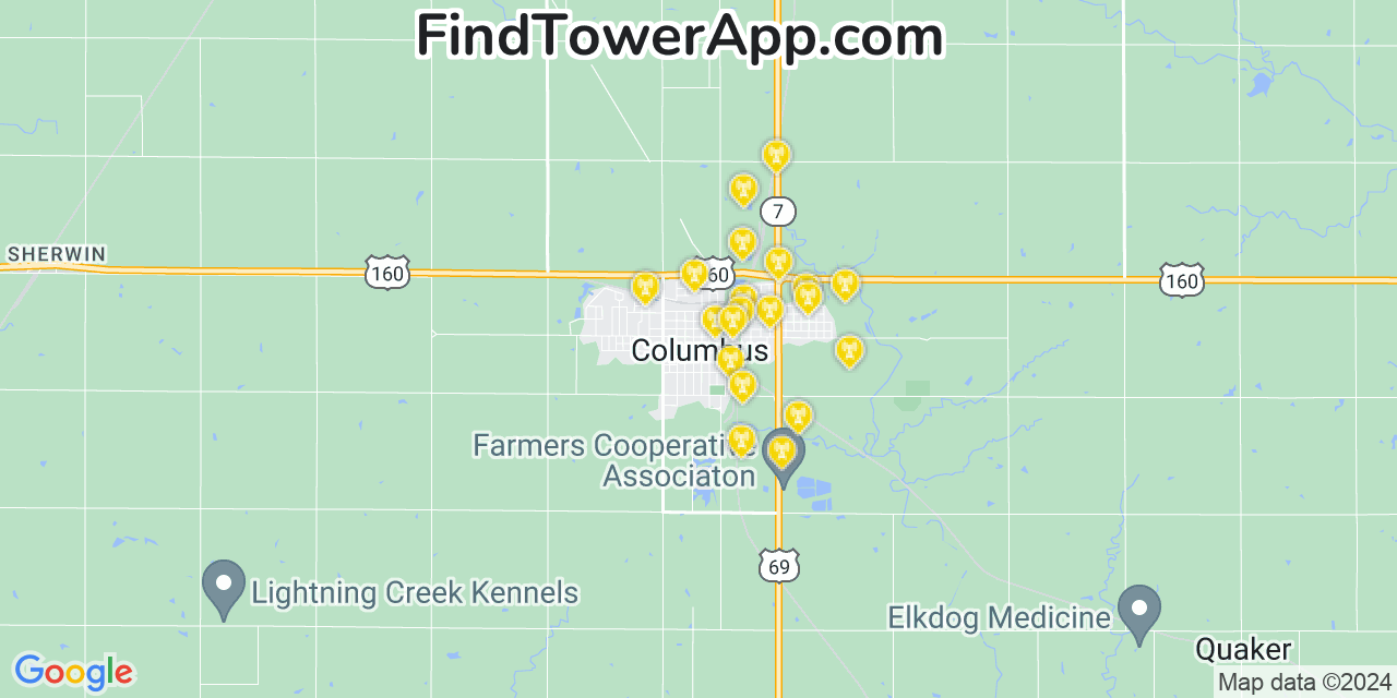 AT&T 4G/5G cell tower coverage map Columbus, Kansas