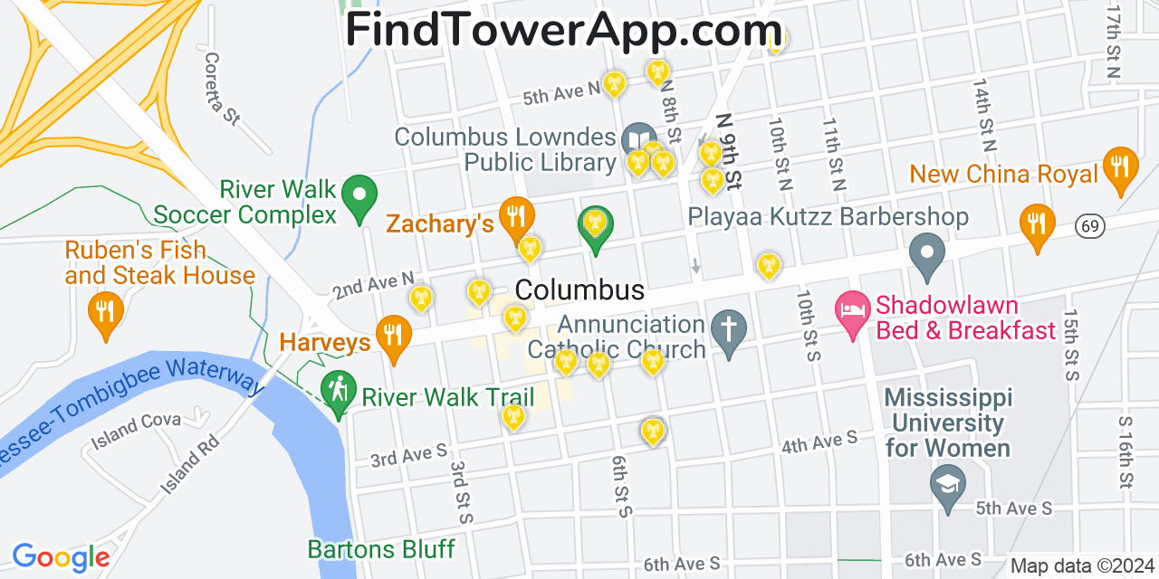 AT&T 4G/5G cell tower coverage map Columbus, Mississippi
