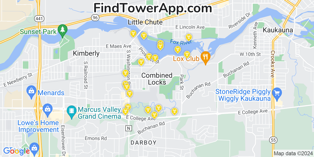 AT&T 4G/5G cell tower coverage map Combined Locks, Wisconsin