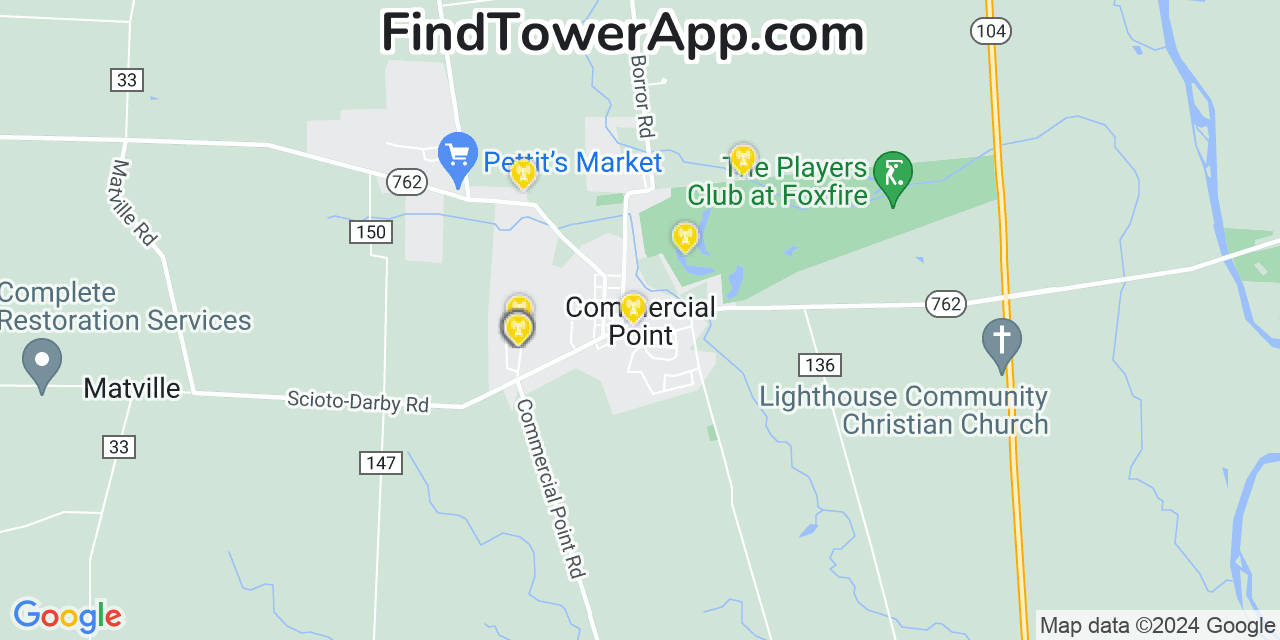 AT&T 4G/5G cell tower coverage map Commercial Point, Ohio