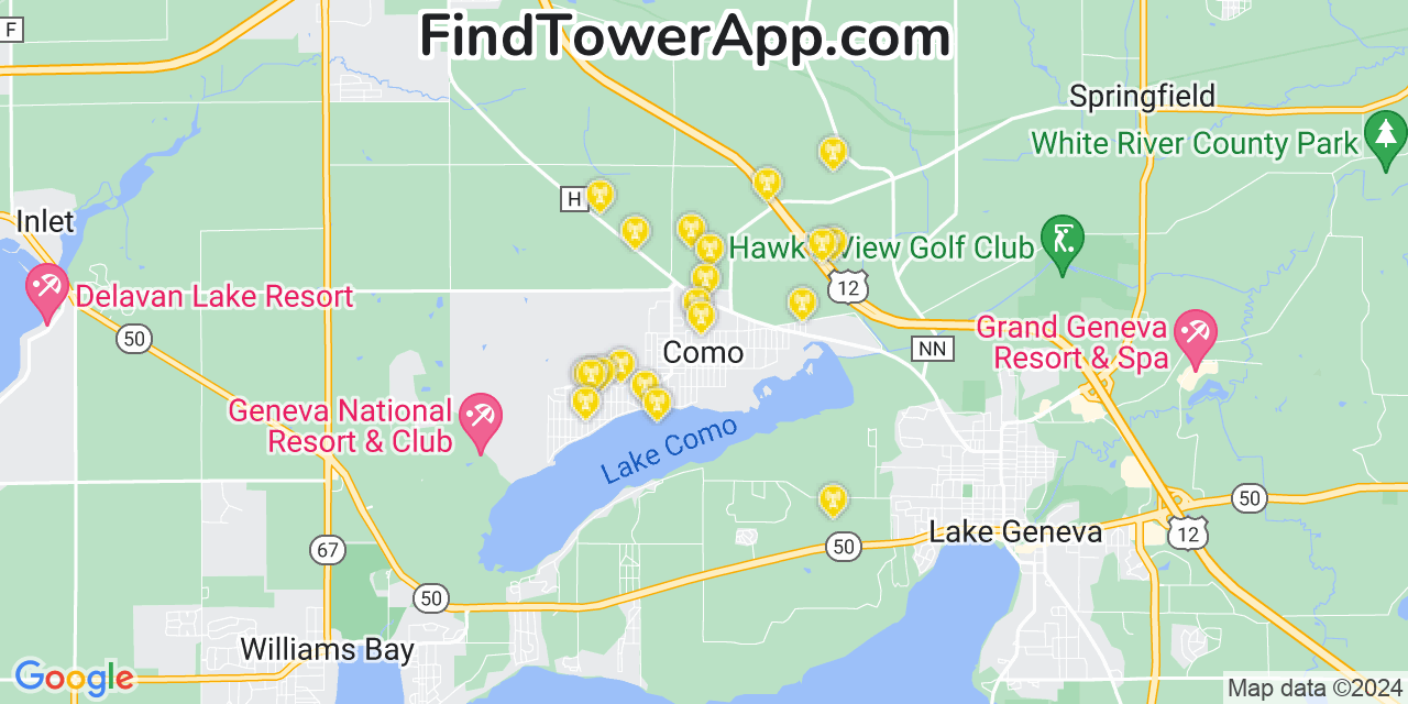 AT&T 4G/5G cell tower coverage map Como, Wisconsin