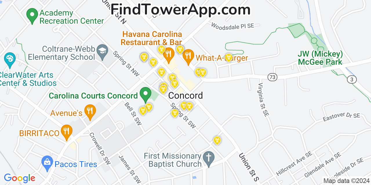 AT&T 4G/5G cell tower coverage map Concord, North Carolina