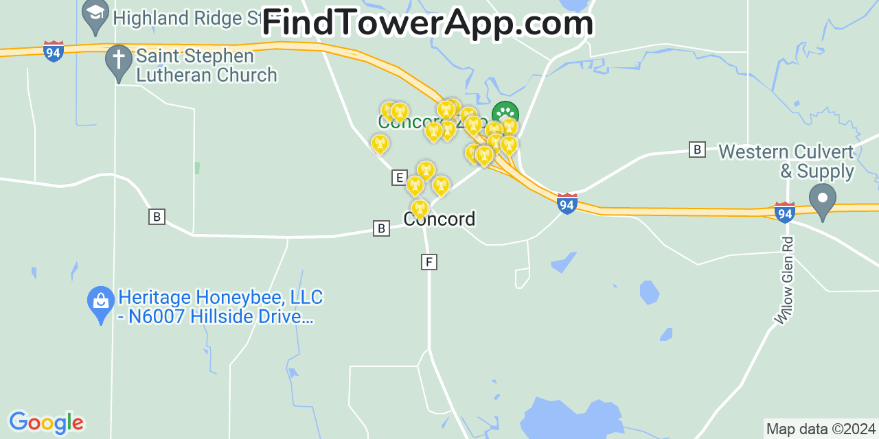 AT&T 4G/5G cell tower coverage map Concord, Wisconsin
